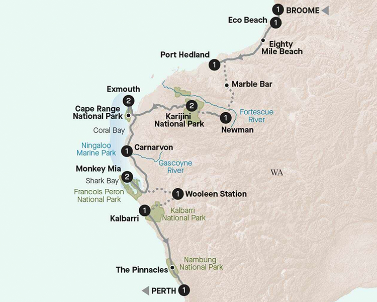 West Coast Explorer itinerary map - image courtesy of APT.